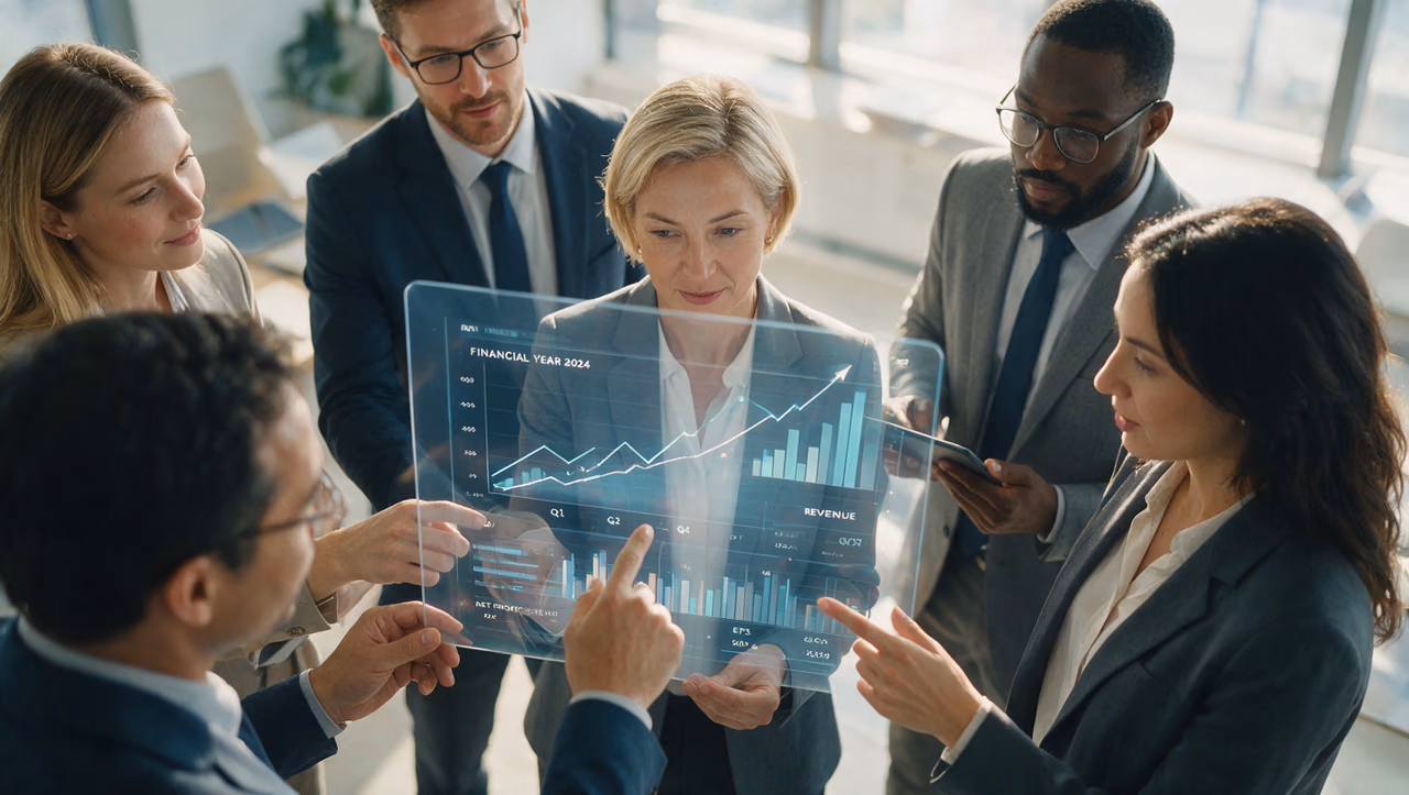 Bankers reviewing a see-through revenue chart for the financial year