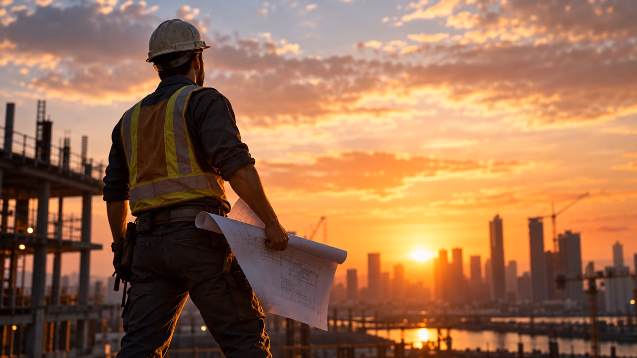Site engineer holding drawings, looking out over a building under construction at sunset
