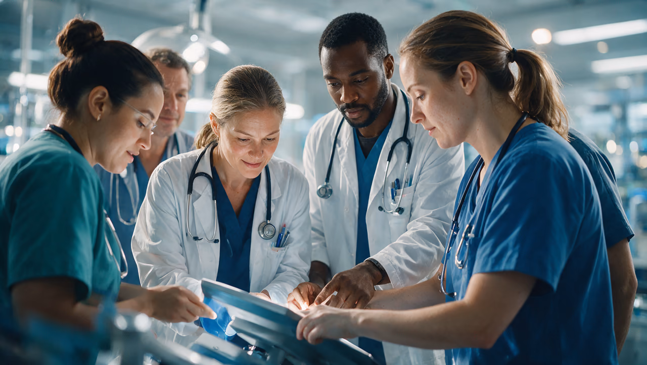 Doctors and nurses reviewing a screen together on a hospital ward