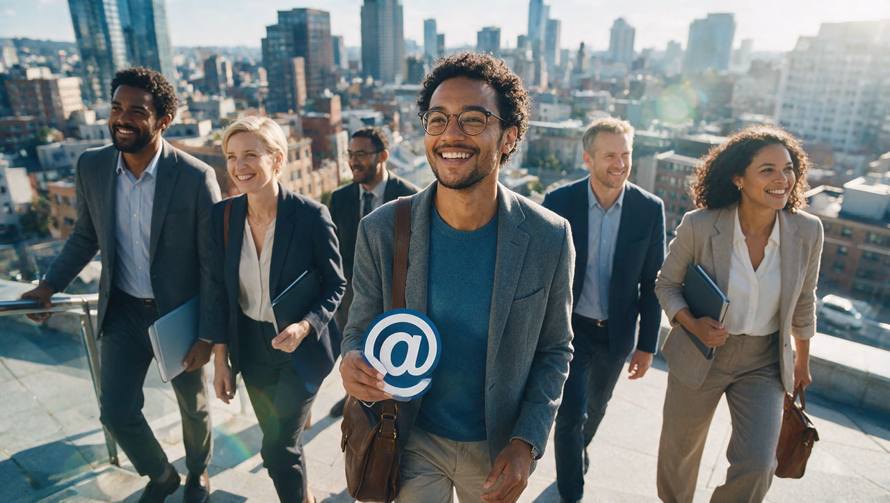 Colleagues in business dress walking across a rooftop above a city skyline