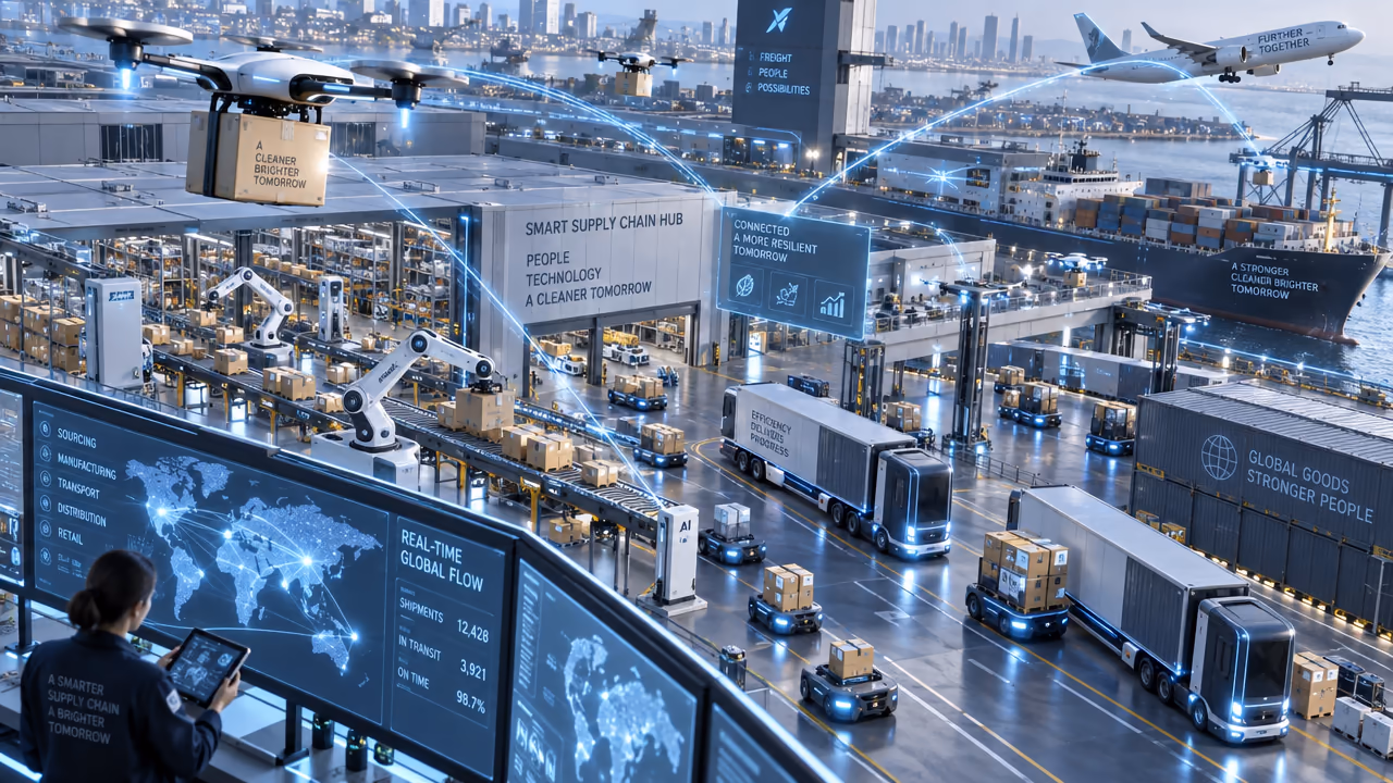 Automated logistics hub with delivery drones, robot arms, self-driving trucks and a live shipment map