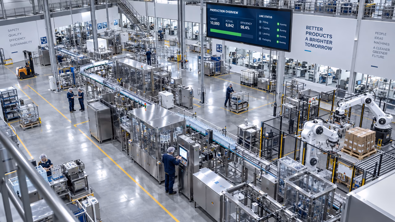 Automated bottling line with robot arms and a production dashboard on a factory floor