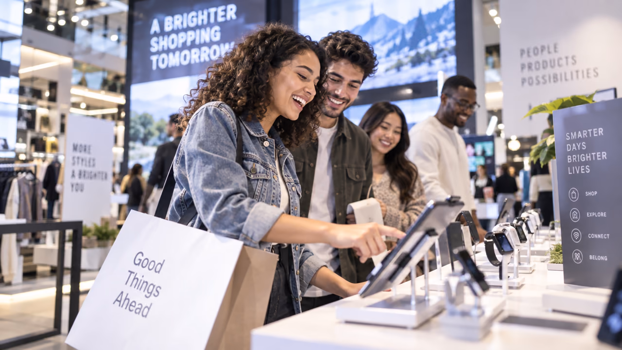 Shoppers trying smartwatches at a display table in a bright store