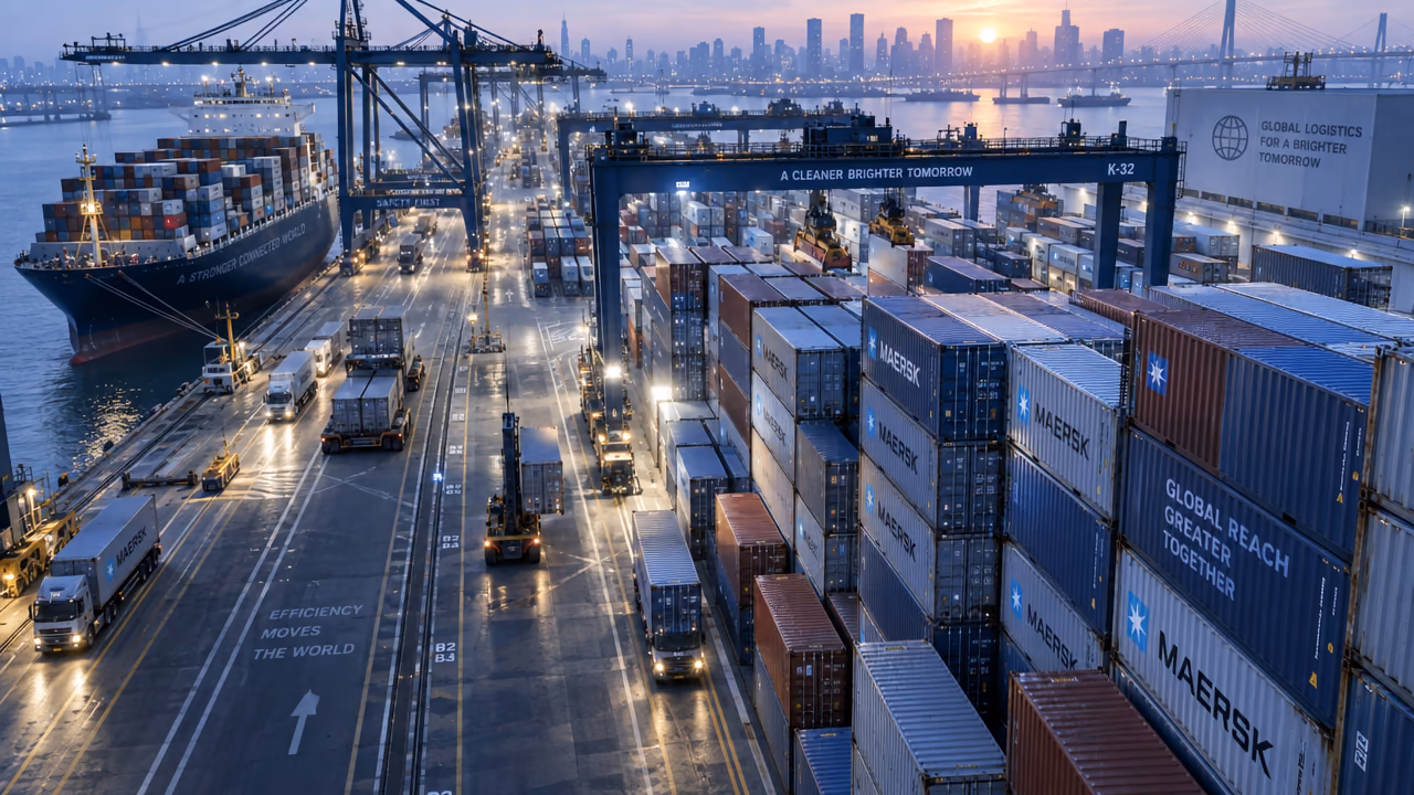 Container port at dusk with stacked containers, trucks and a cargo ship at the quay