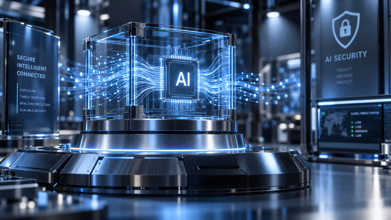 An AI chip inside a glass enclosure with data flowing through it, beside an AI security display