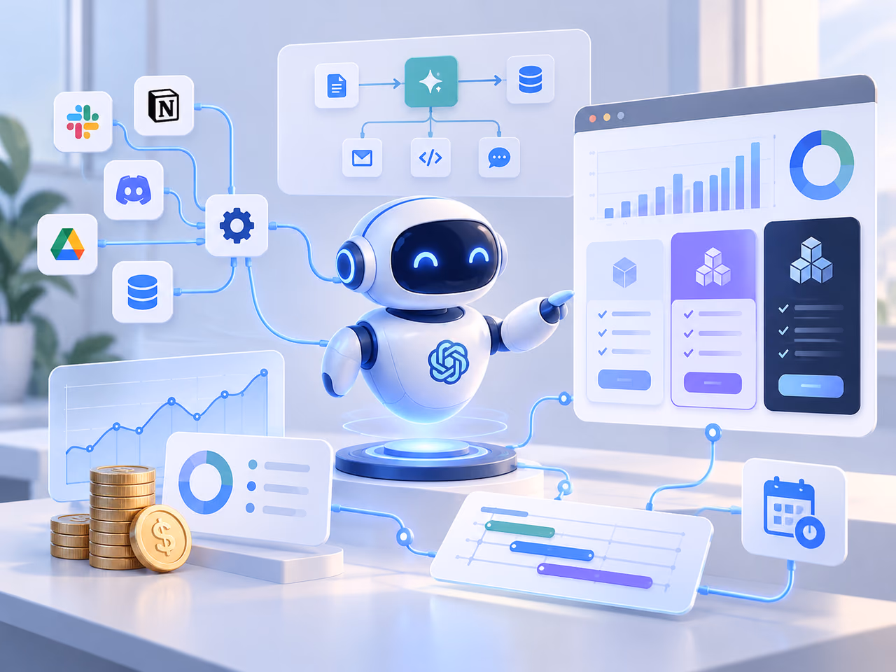 A robot AI agent on a glowing pedestal pointing at three pricing tiers, surrounded by charts, a project timeline and stacked coins