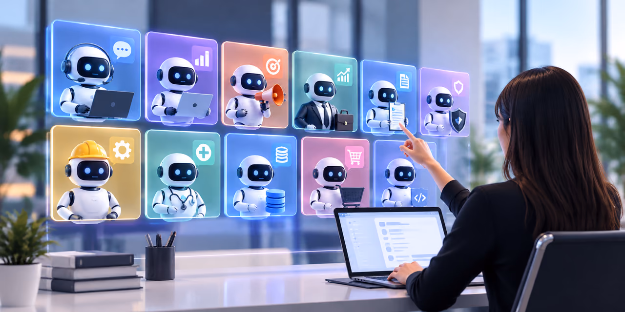 Robot agents on glowing cards, each with a symbol of its job, and a person at a desk pointing at one of them