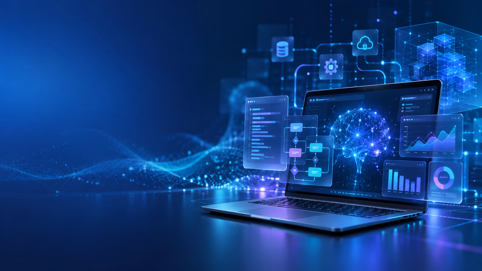A laptop with a glowing neural network on its screen, surrounded by floating panels of code, a workflow, charts and cloud, database and settings icons